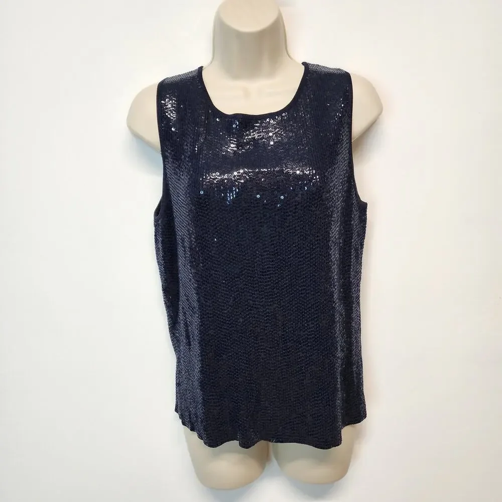 Carmen Marc Valvo Womens Allover Sequin Top Size M Blue Sleeveless Round Neck - Picture 2 of 13